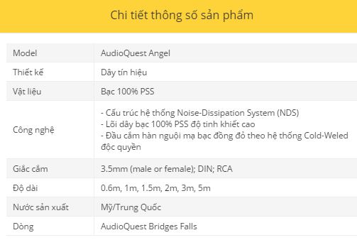 Day tin hieu AudioQuest Angel thong so ky thuat