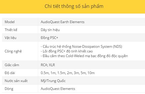 Day tin hieu AudioQuest Earth Elements thong so ky thuat