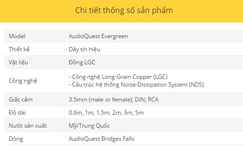 Day tin hieu AudioQuest Evergreen thong so ky thuat