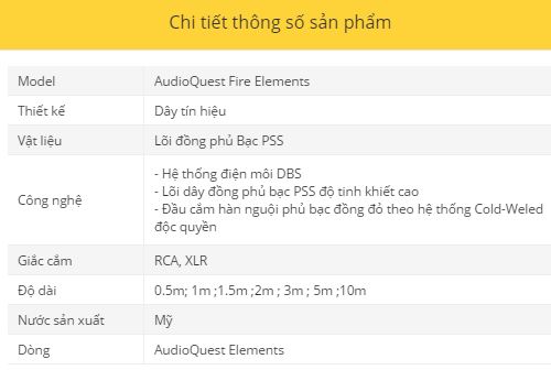 Day tin hieu AudioQuest Fire Elements thong so ky thuat