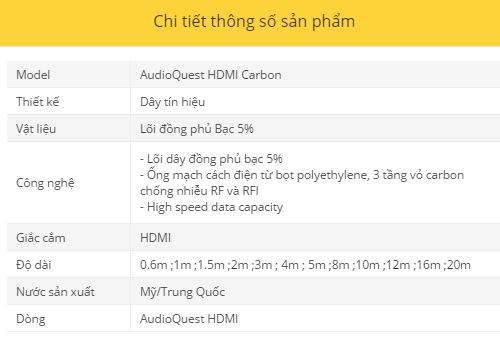 Day tin hieu AudioQuest HDMI Carbon thong so ky thuat