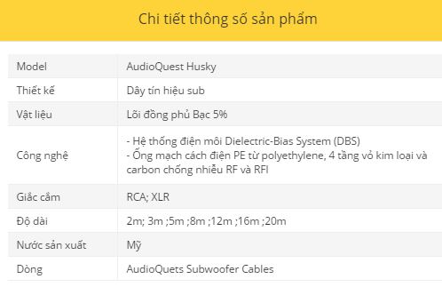 Day tin hieu AudioQuest Husky thong so ky thuat