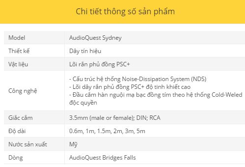 Day tin hieu AudioQuest Sydney thong so ky thuat