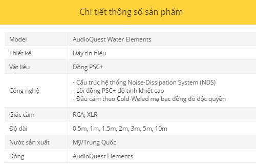 Day tin hieu AudioQuest Water Elements thong so ky thuat