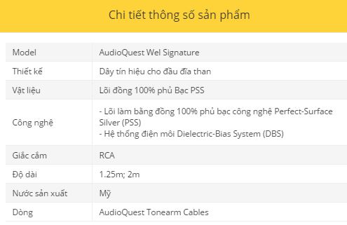 Day tin hieu AudioQuest Wel Signature LP thong so ky thuat