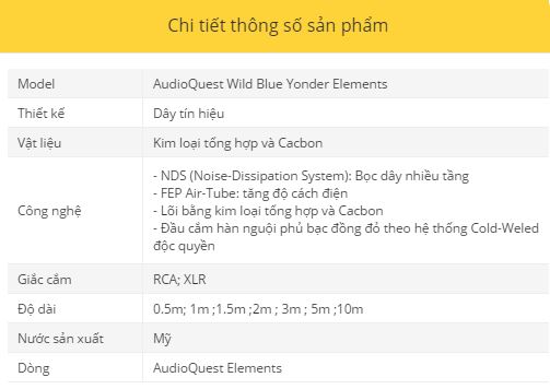 Day tin hieu AudioQuest Wild Blue Yonder Elements thong so ky thuat