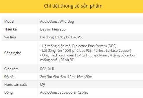 Day tin hieu AudioQuest Wild Dog thong so ky thuat