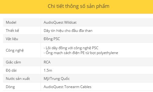 Day tin hieu AudioQuest Wildcat thong so ky thuat