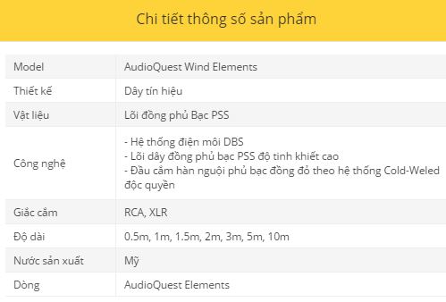 Day tin hieu AudioQuest Wind Elements thong so ky thuat