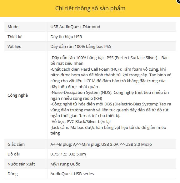 Day tin hieu USB A- B AudioQuest Diamond