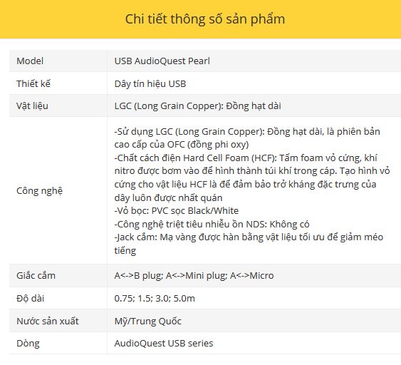 Day tin hiệu USB A- B AudioQuest Pearl
