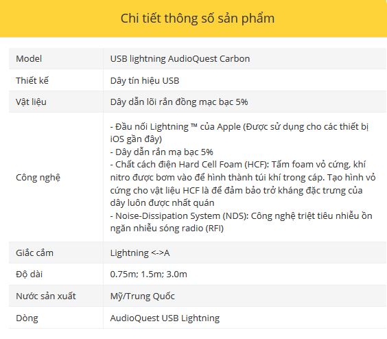 Day tin hieu USB lightning AudioQuest Carbon